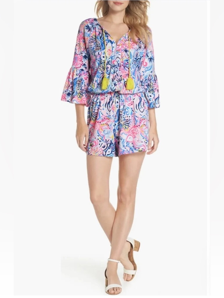 Lilly Pulitzer Del Lago Multicolored Romper With Bell Sleeves And Yellow Tassels